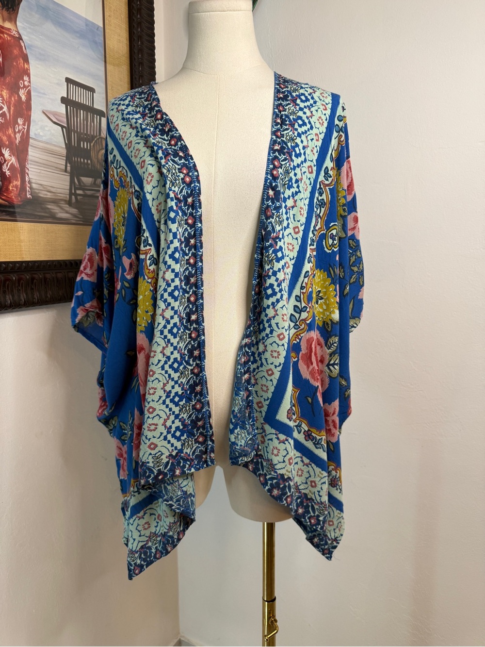 Angie Blue Floral Open Front Kimono with Pink and Yellow Blooms